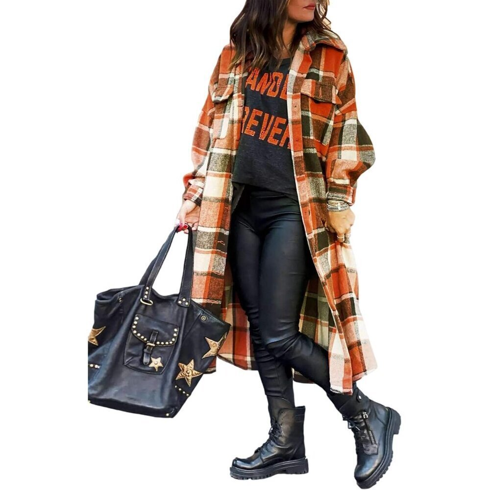 Plaid Coat Women Button Down Long Plaid Jacket Fall Flannel Trench Coat